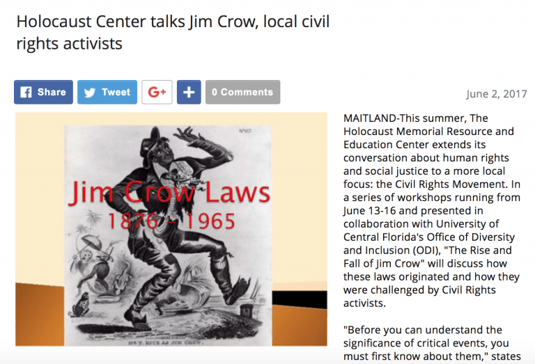 Screenshot of an article by Holocaust Center talking about Jim Crow Laws