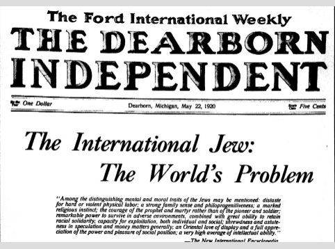 A newspaper cover of the Ford International Weekly with the headline stating "The Dearborn Independent"